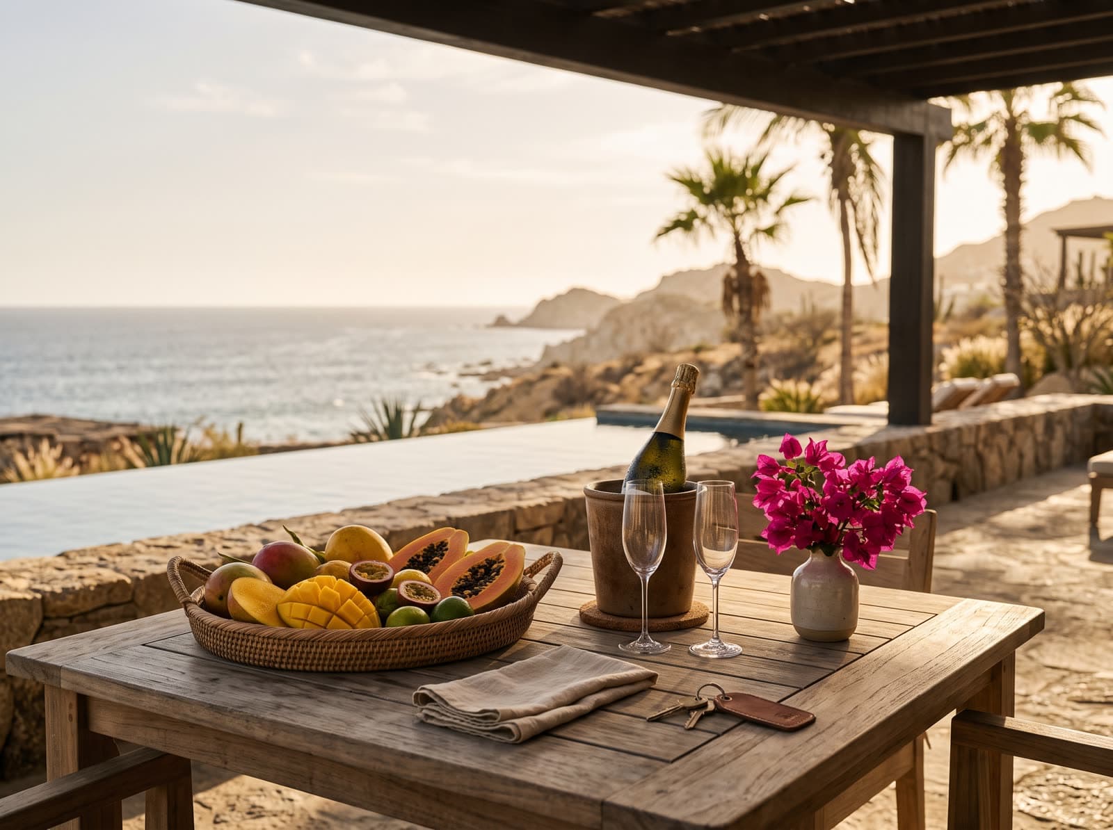 A villa terrace set for arriving guests, with fruit, sparkling wine and the keys